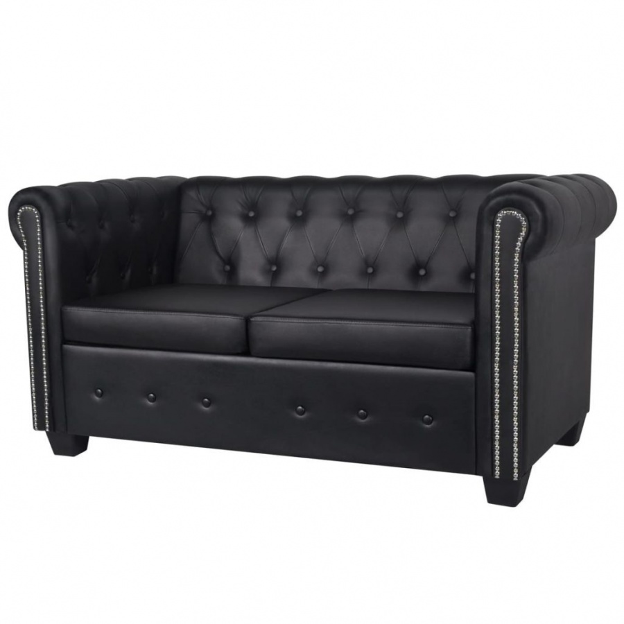 Sofa 2-osobowa w stylu Chesterfield, sztuczna skóra, czarna