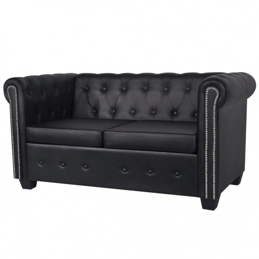 Sofa 2-osobowa w stylu Chesterfield, sztuczna skóra, czarna