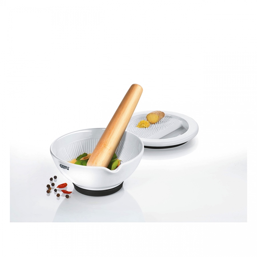 Moździerz ceramiczny z tarką 13,5x6,5x15cm Gefu Suri biały