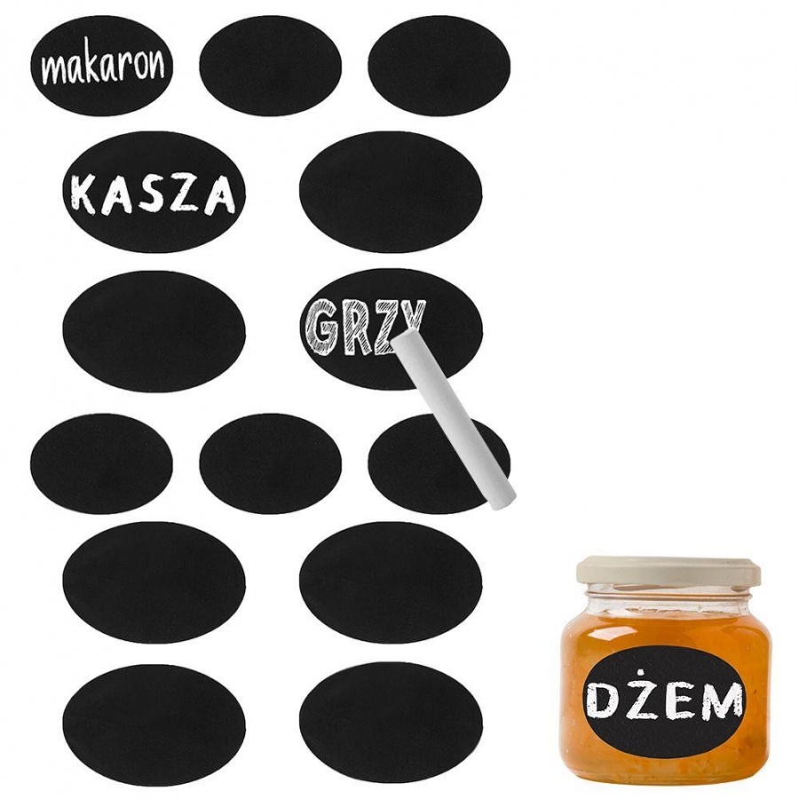 Etykiety kredowe naklejki na słoiki przetwory samoprzylepne owalne kreda zestaw komplet 14 sztuk