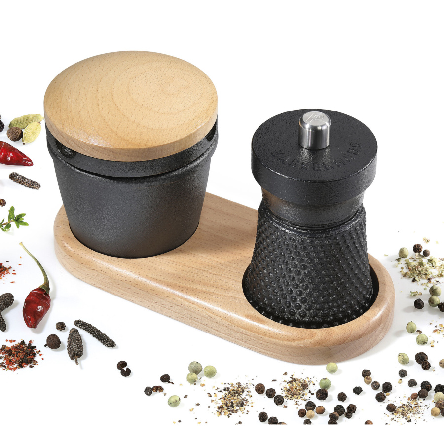 Moździerz i młynek do przypraw na podstawce, drewno bukowe/żeliwo, 21 x 10 x 15,5 cm