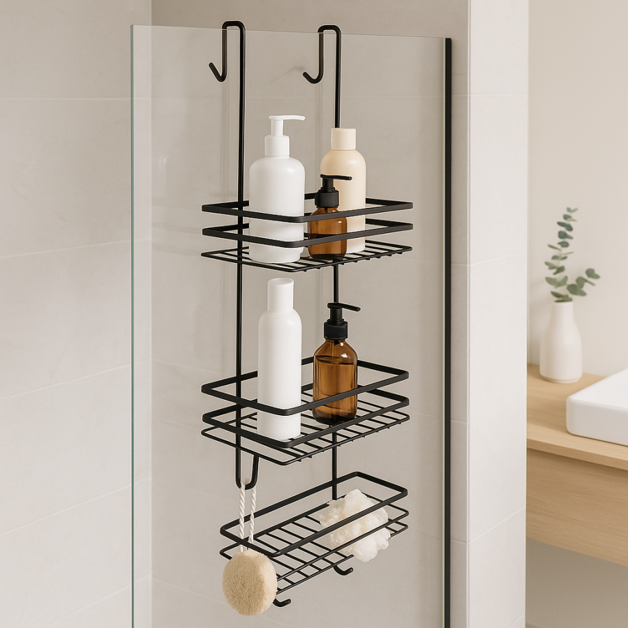 Półka łazienkowa zawieszana na kabinę, szybę prysznicową, pod prysznic, metalowa, czarna