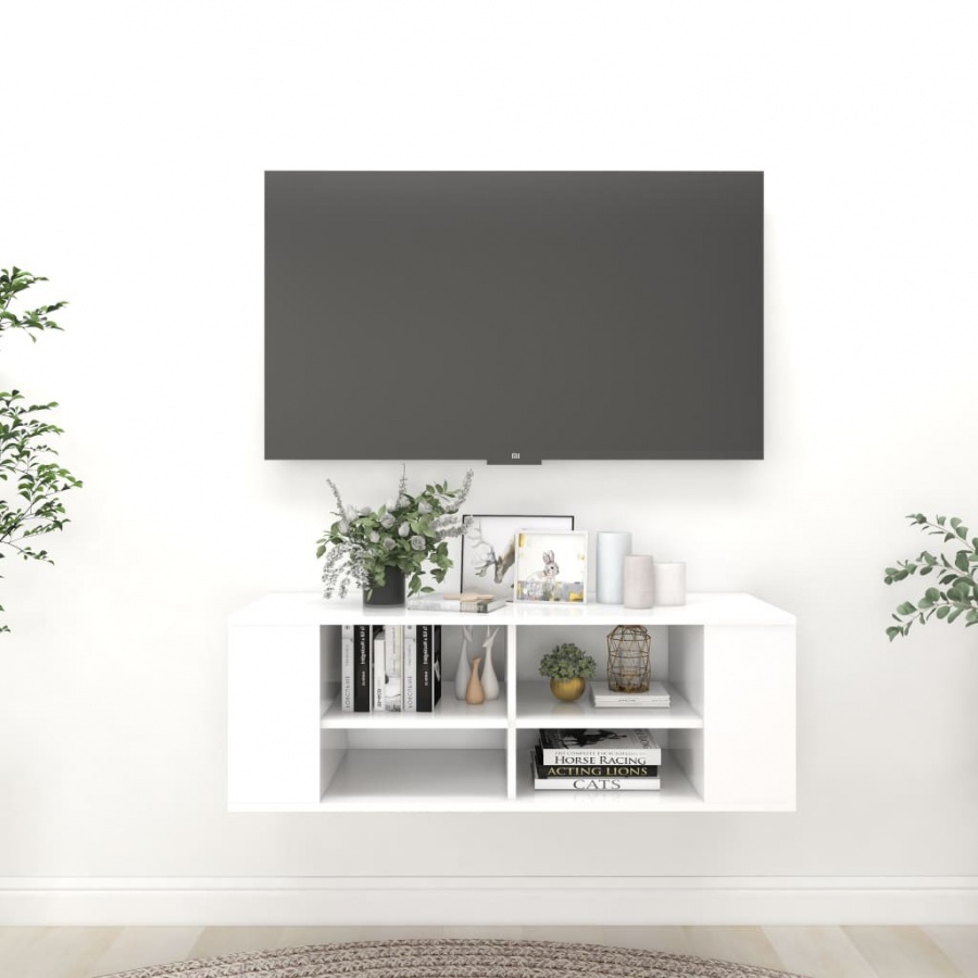 Wisząca szafka pod tv, biała, 102x35x35 cm, płyta wiórowa