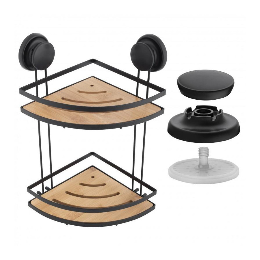 Półka łazienkowa wisząca narożna na przyssawki podwójny koszyk łazienkowy bambus czarny mat loft - y