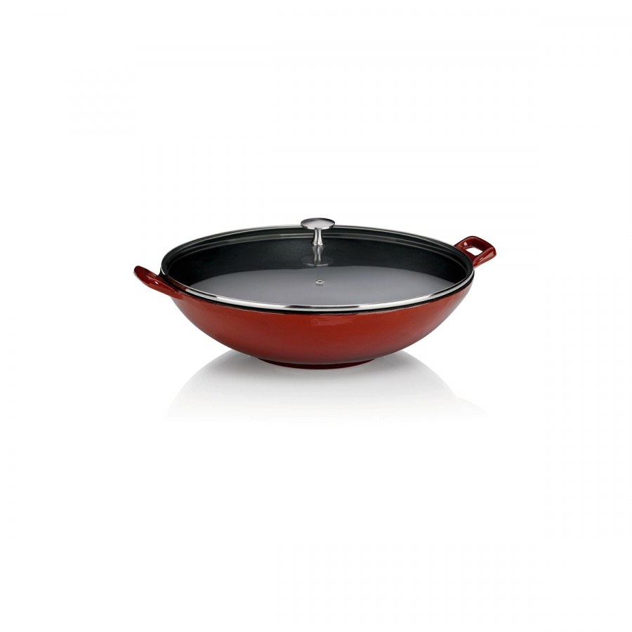 wok ze szklaną pokrywą, żeliwo emaliowane, śred.36 cm, 4 l, wys. 10 cm, stalowa rączka