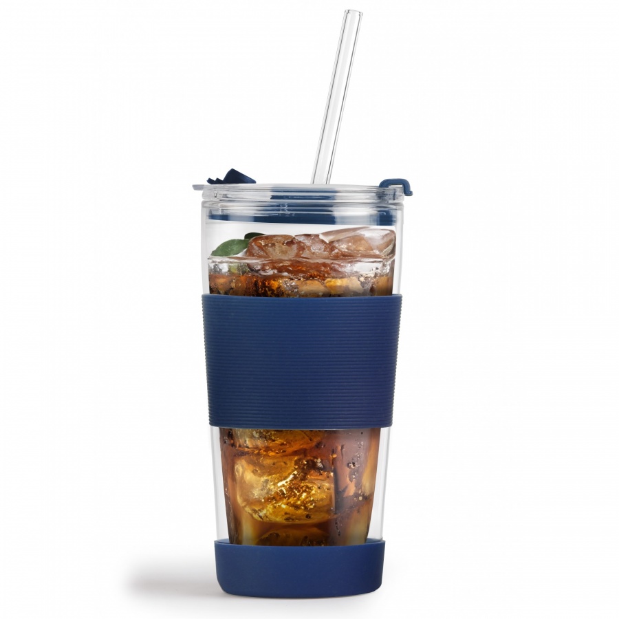 Kubek termiczny szklany ze słomką 600 ml granatowy fuori 30381