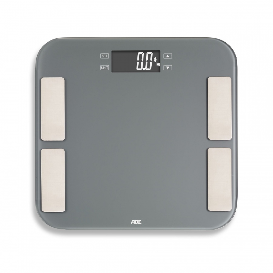 waga łazienkowa z analizą masy ciała, do 180 kg, 33 x 33 cm, szara