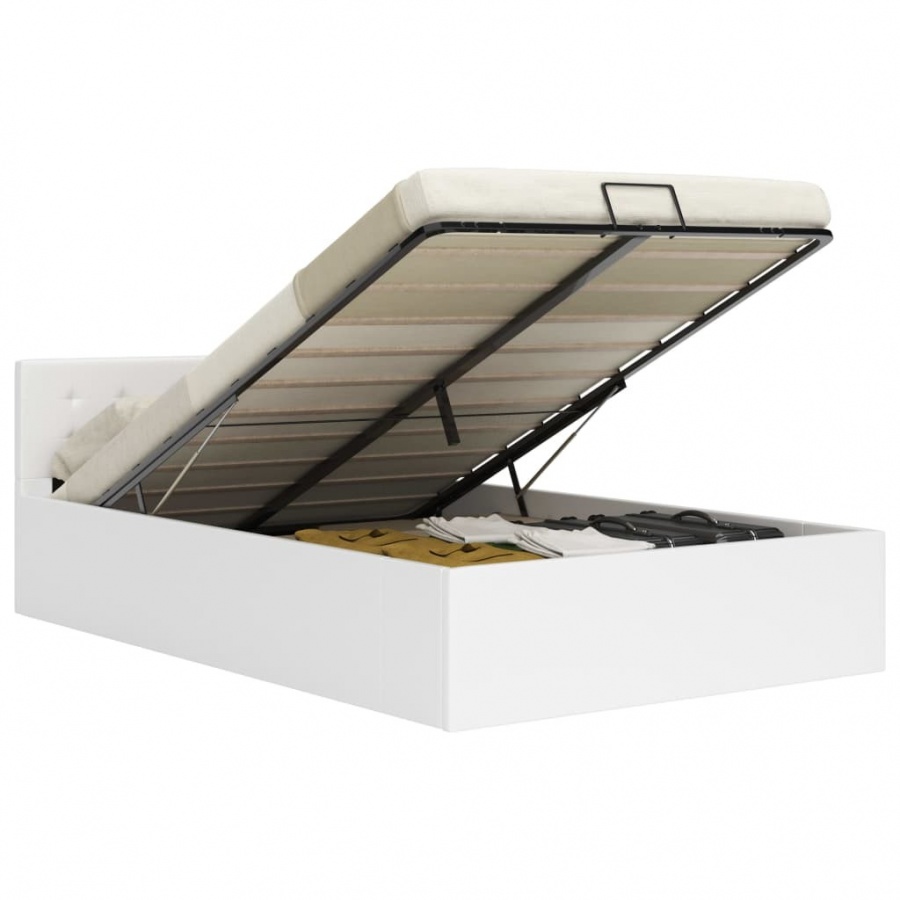 Rama łóżka z podnośnikiem, biała, sztuczna skóra, 180 x 200 cm