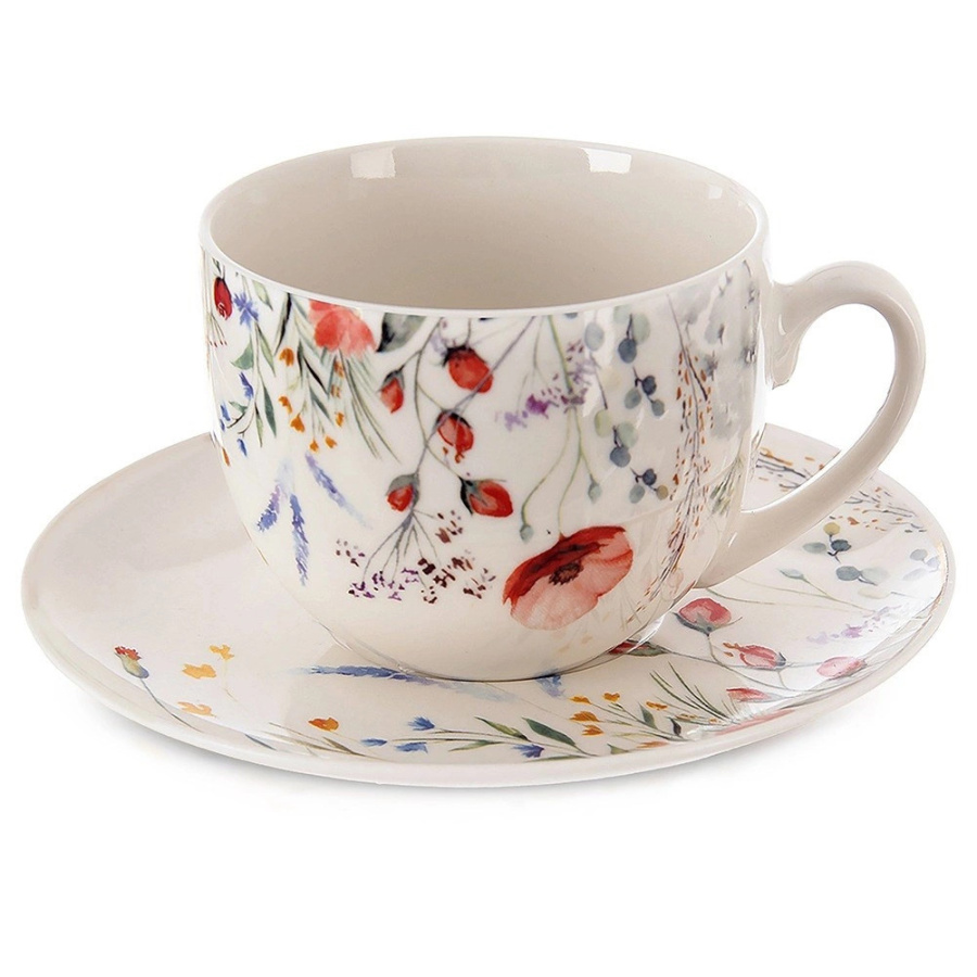 Filiżanka ze spodkiem porcelanowa biała maki 260 ml