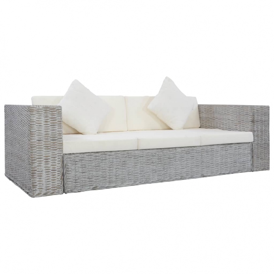 3-osobowa sofa z poduszkami, szara, naturalny rattan