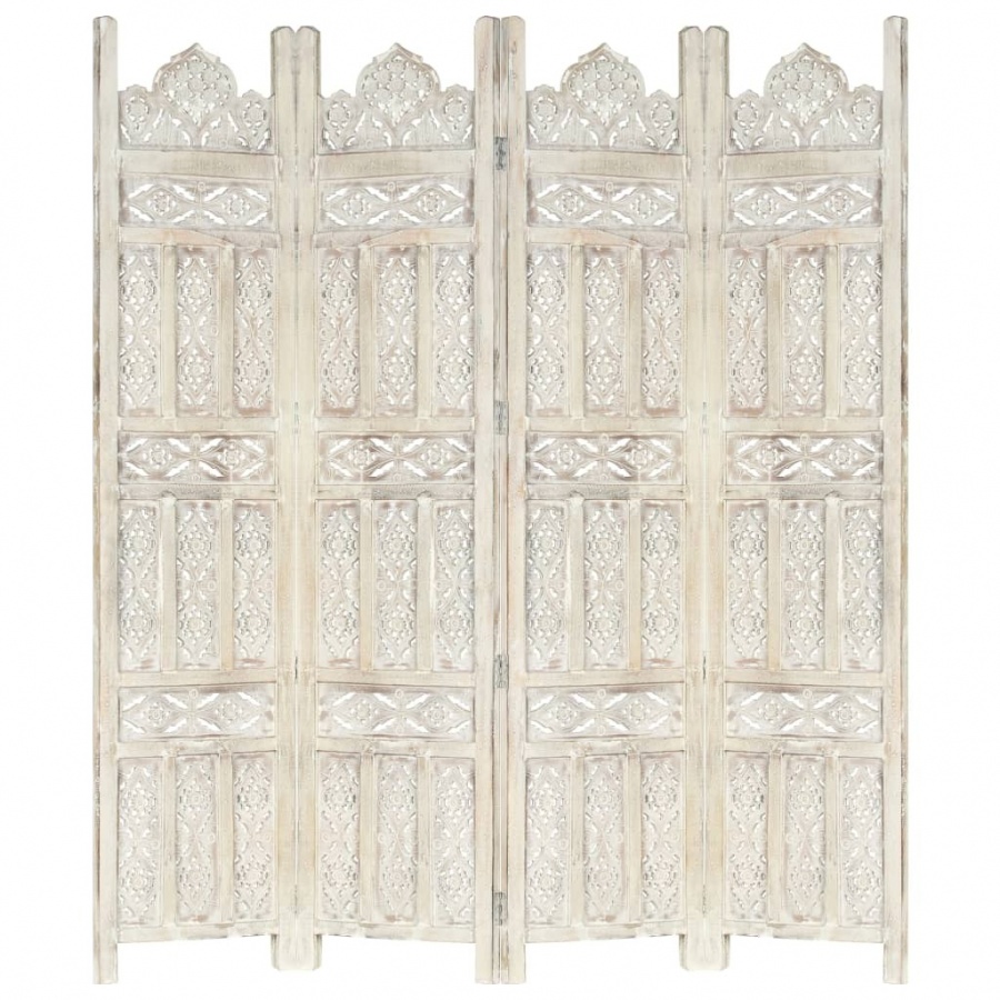 Parawan 4-panelowy, rzeźbiony, biały, 160x165 cm, drewno mango