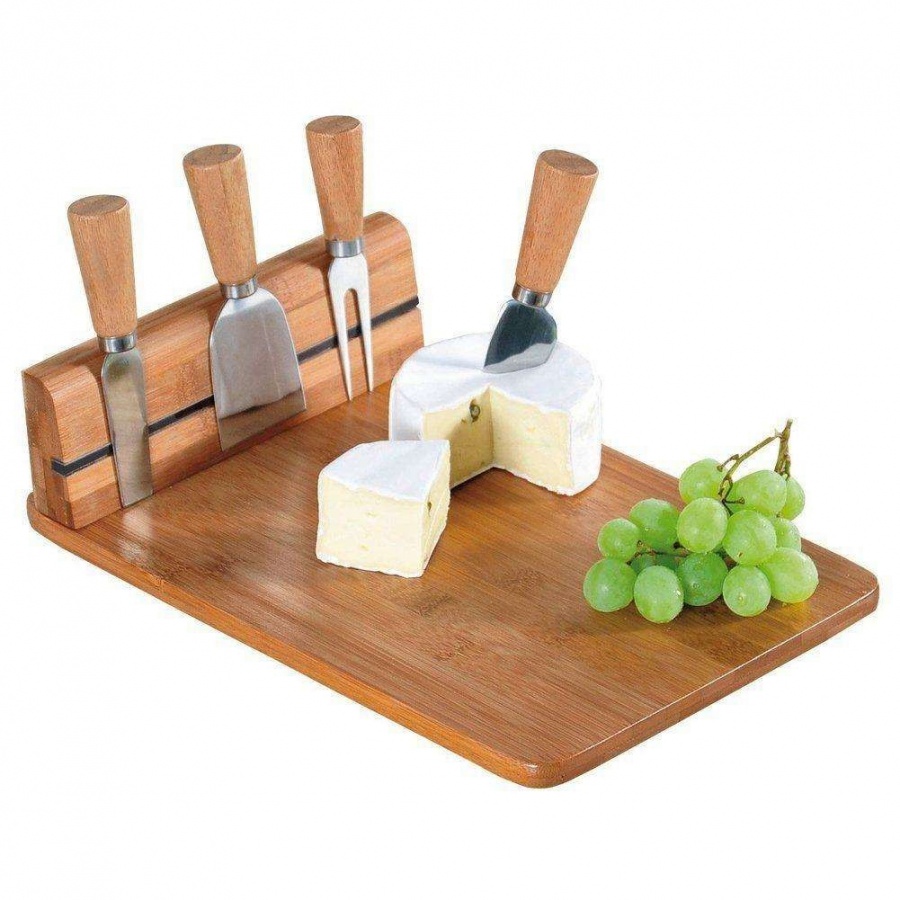 Deska bambusowa do krojenia, podawania, serwowania serów, + 4 noże do sera