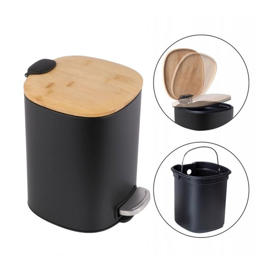 Kosz na śmieci czarny bambus do łazienki łazienkowy 5l z pedałem otwierania