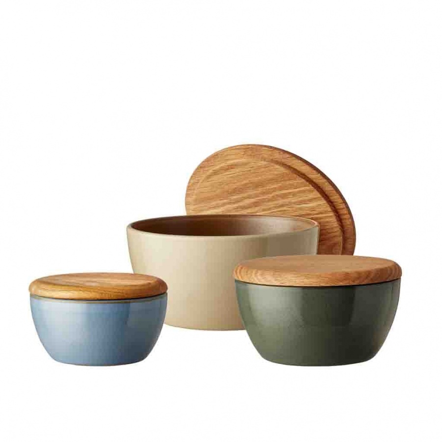 Zestaw misek kamionkowych z pokrywką 3szt. drewniany 26778