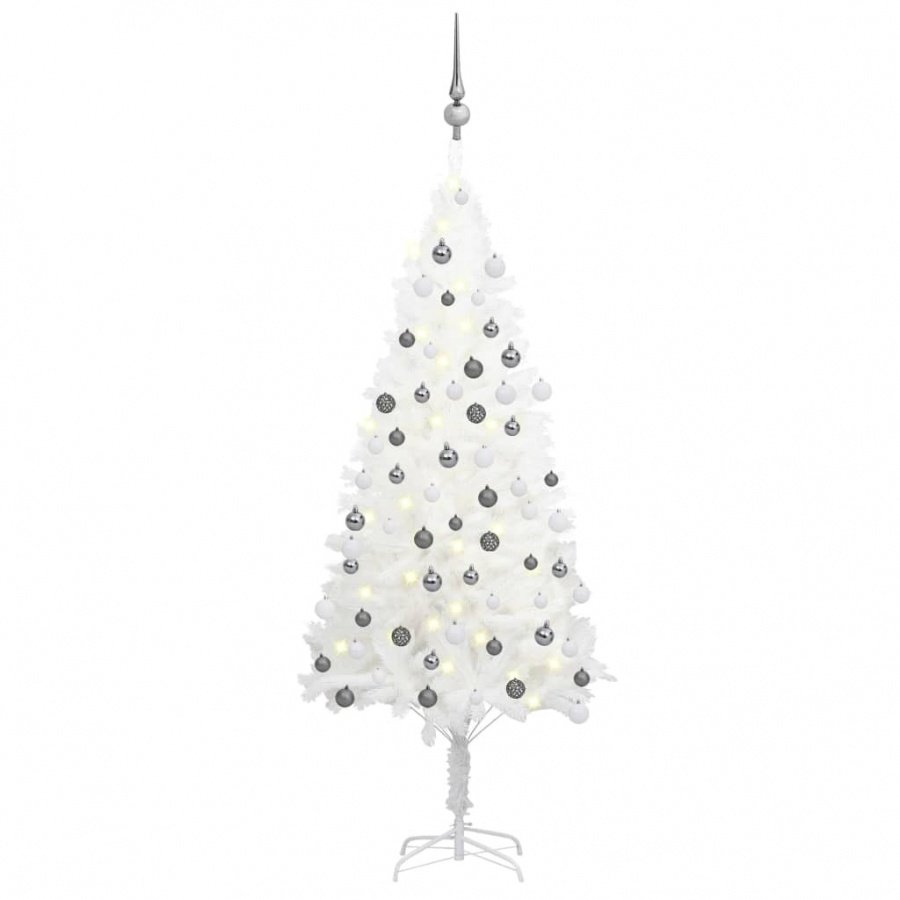 Sztuczna choinka z lampkami led i bombkami, biała, 120 cm