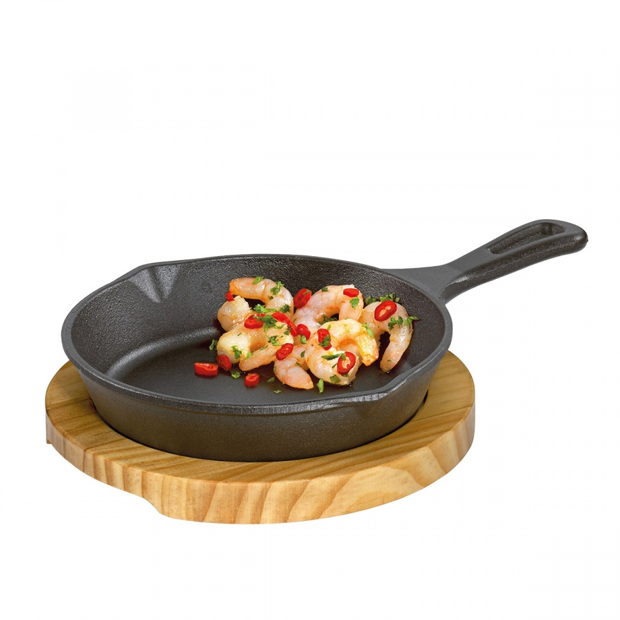 mini patelnia do serwowania z podstawką, 26 x 18 x 6 cm, żeliwo/drewno sosnowe