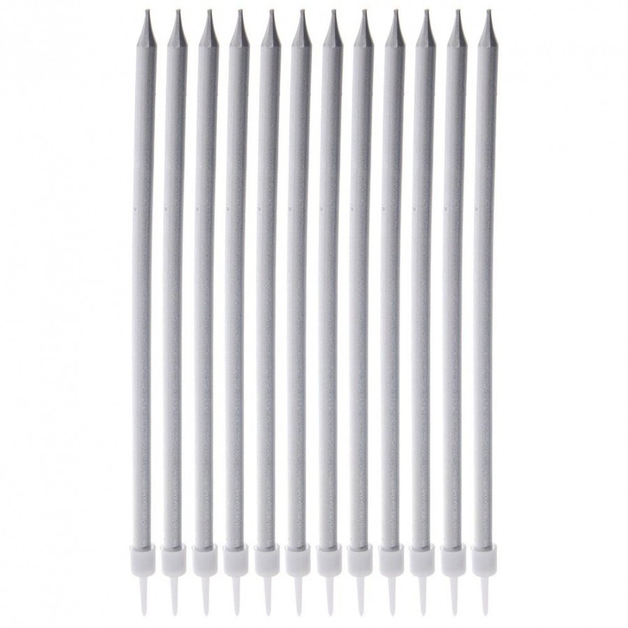 świeczki do tortu srebrne długie 14,5 cm 12 szt.