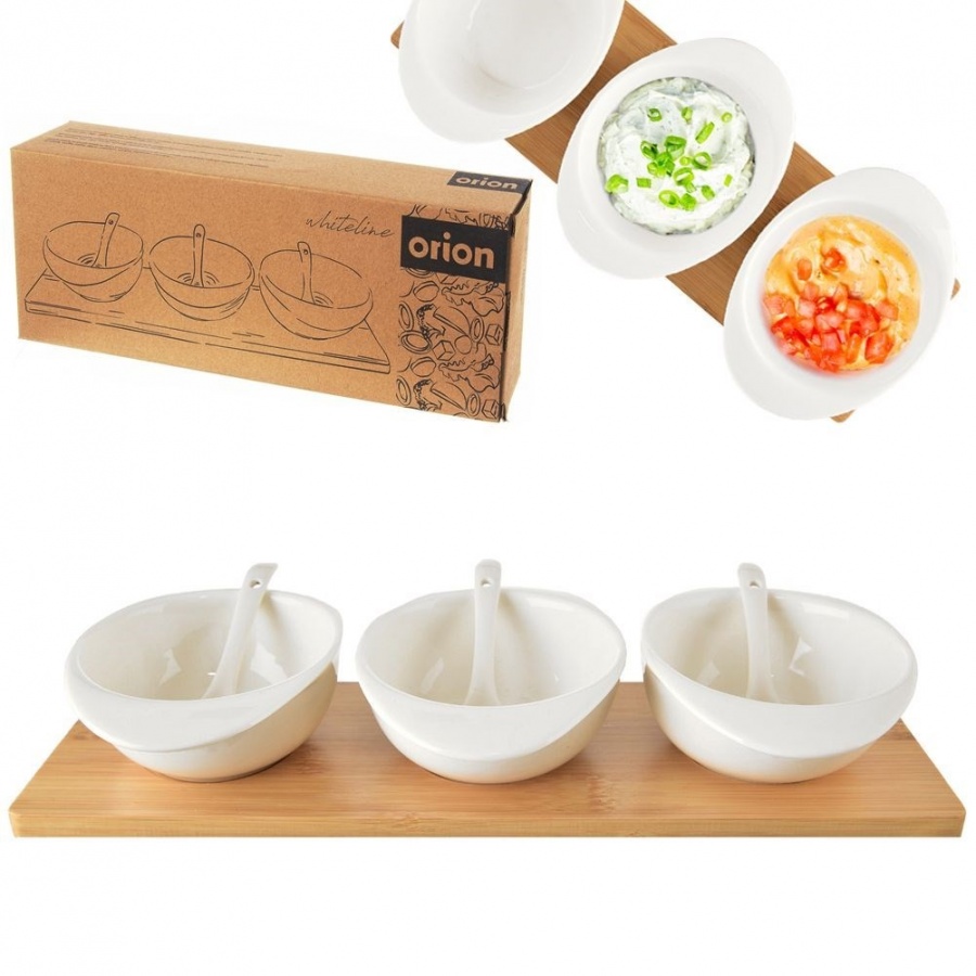 Miseczki na przekąski porcelanowe białe na tacy whiteline 32 cm 7 el.