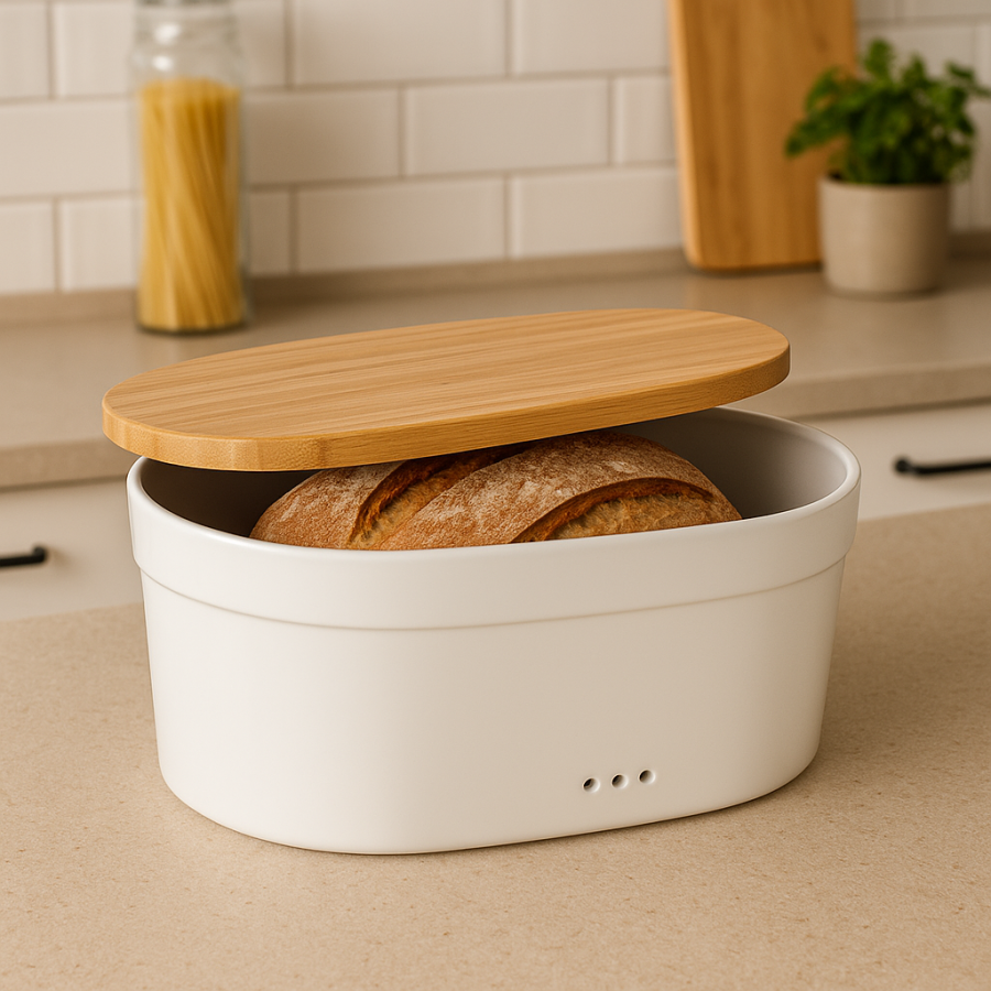 ceramiczny chlebak z bambusową pokrywą, 37 x 24 x 14 cm