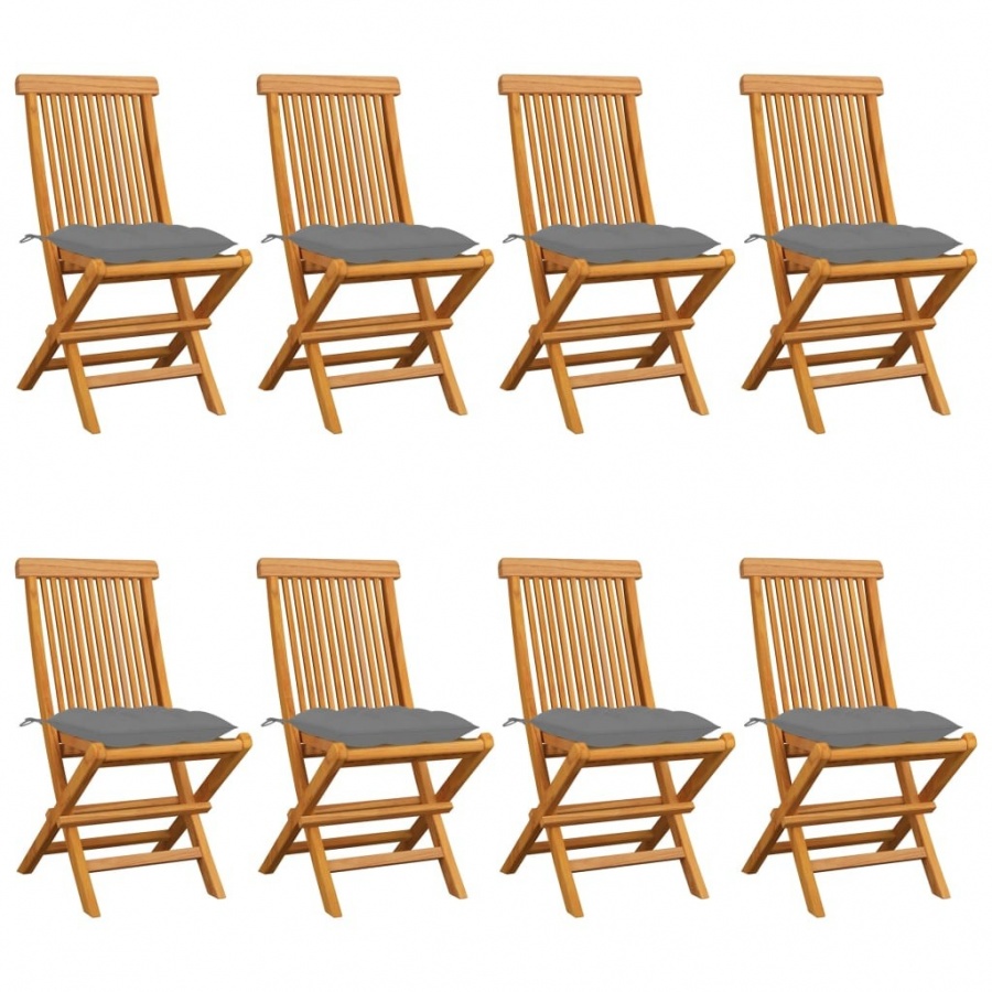Krzesła ogrodowe z szarymi poduszkami, 8 szt., drewno tekowe