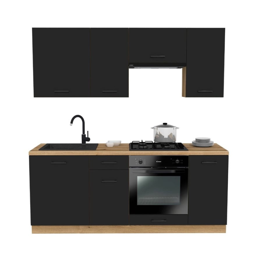 MEBLE KUCHENNE ZESTAW VARIO 200CM Z3 CZARNY/CZARNY BLAT DĄB EVOKE BEZ AGD