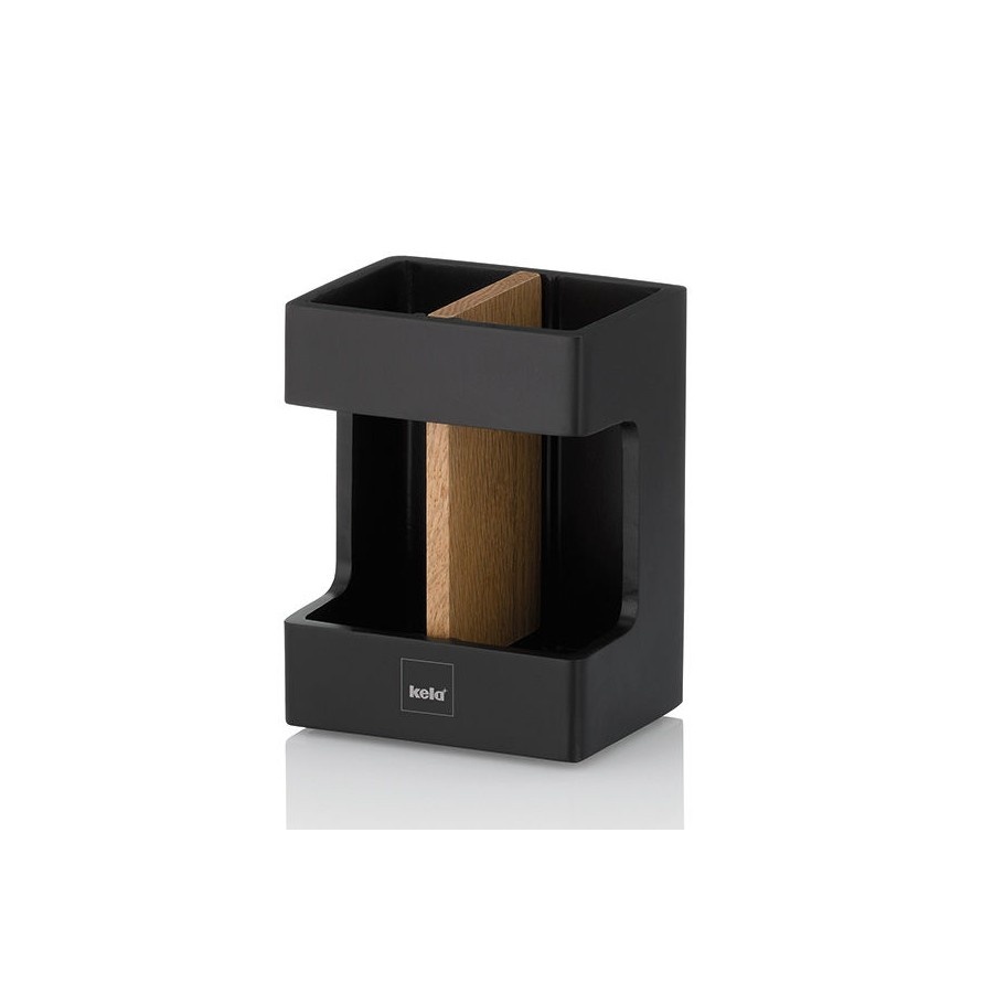 Kubek na szczoteczki, żywica polimerowa/drewno dębowe, 8,5 x 6,5 x 11,5 cm, czarny