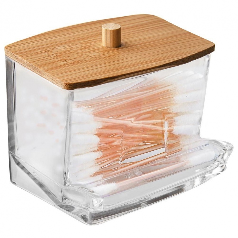 Pojemnik podajnik na patyczki kosmetyczne higieniczne do uszu z pokrywką bambusową