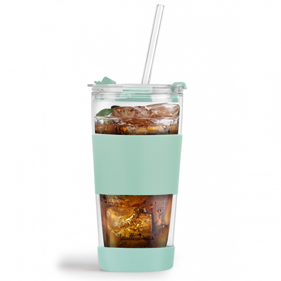 Kubek termiczny szklany ze słomką 600 ml miętowy fuori 30428