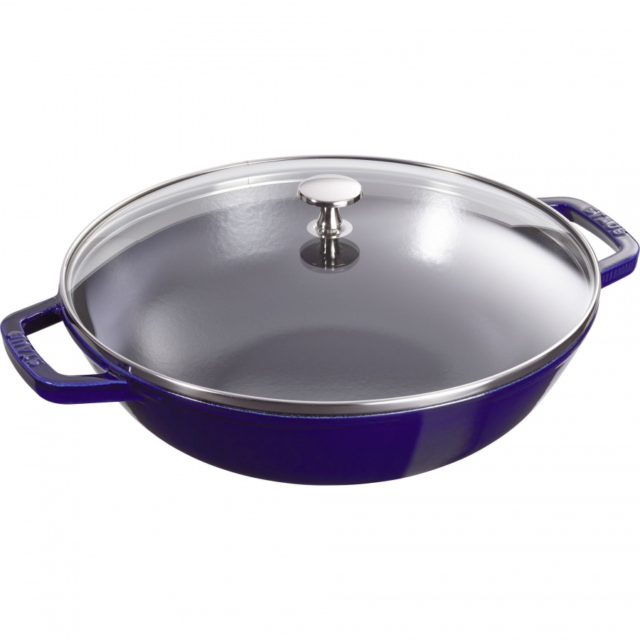 Wok żeliwny z pokrywką Staub 30 cm Niebieski