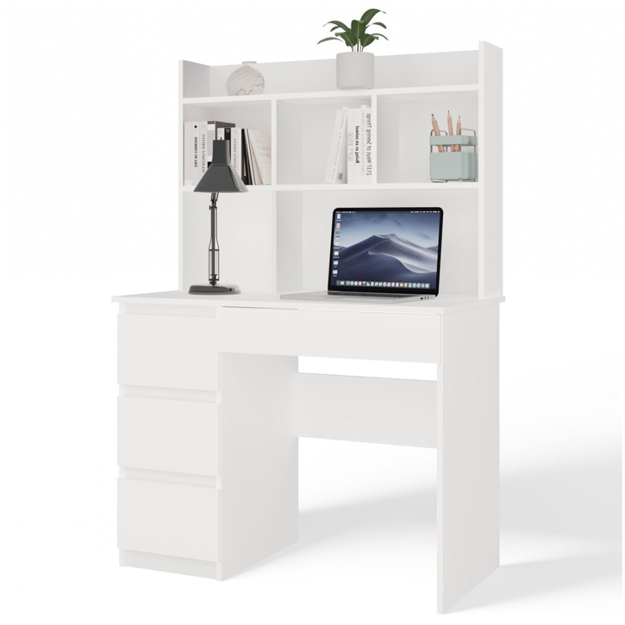 Biurko MIJAS Lewe Z Nadstawką Biel Mat 4 Szuflady 4 Półki Do Biura Pokoju