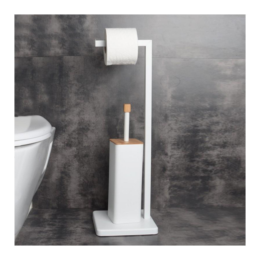 Szczotka WC stojak na papier toaletowy bambus biel