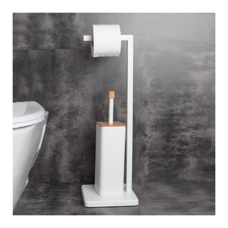 Szczotka WC stojak na papier toaletowy bambus biel