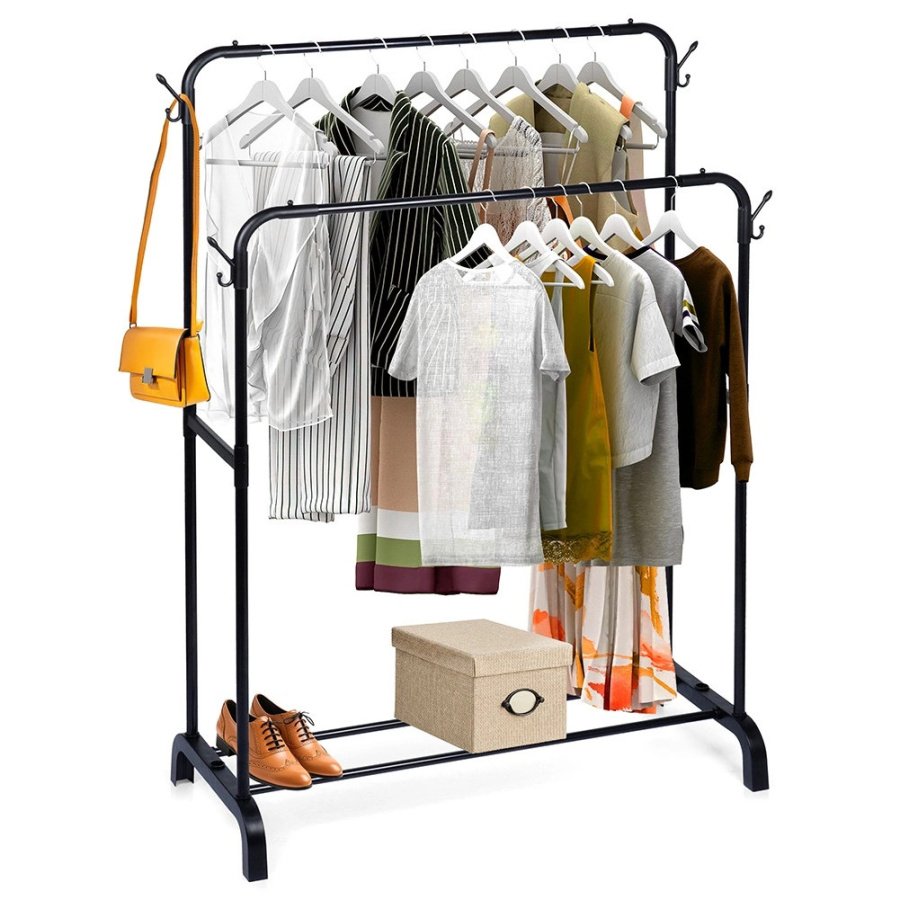 Wieszak stojący na ubrania metalowy czarny podwójny 110x45x152 cm