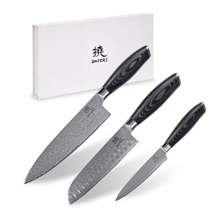 Shiori 3-Set 撓 Kuro Murō + Santoku + Sifu - zestaw trzech noży ze stali damasceńskiej