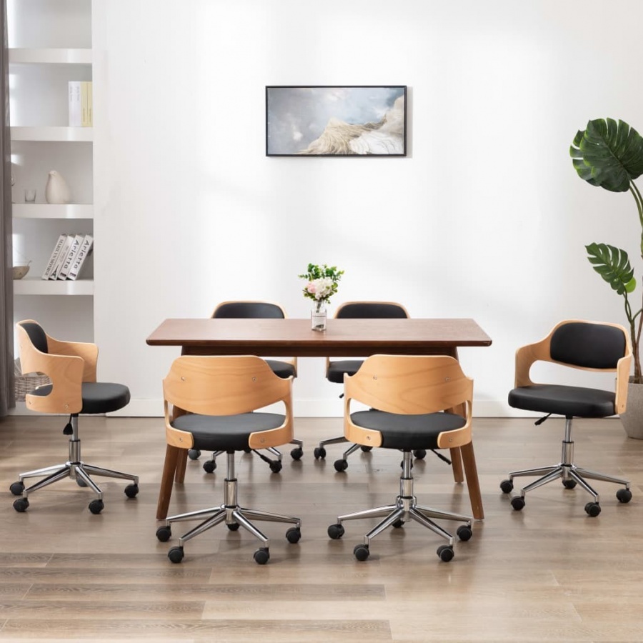 Krzesła obrotowe, 6 szt., czarne, gięte drewno i sztuczna skóra