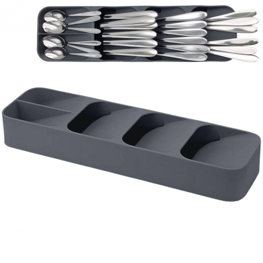 Organizer, wkład do szuflady, pojemnik, koszyk na sztućce, widelce, noże, łyżki, łyżeczki, szary