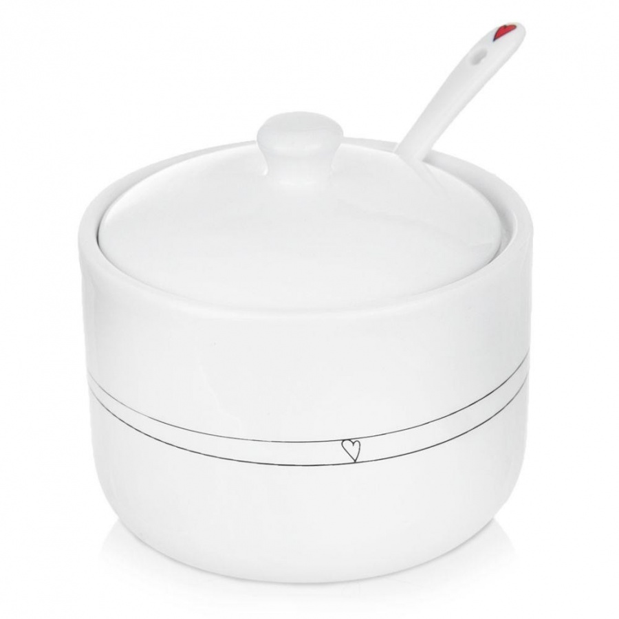 Cukierniczka z łyżeczką i pokrywką ceramiczna biała serduszka