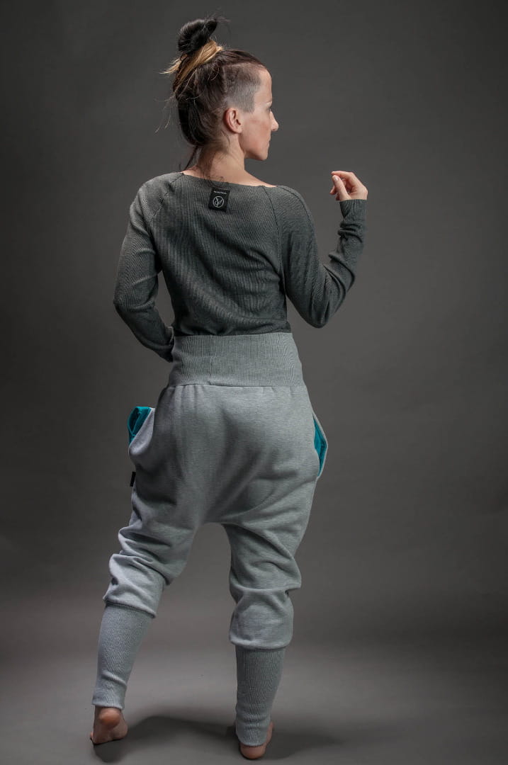 Spodnie wąskie damskie szare z turkusem