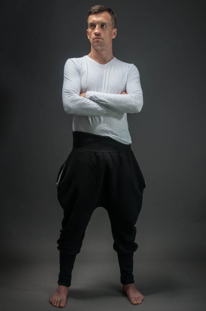 Spodnie wąskie męskie czarne z szarym