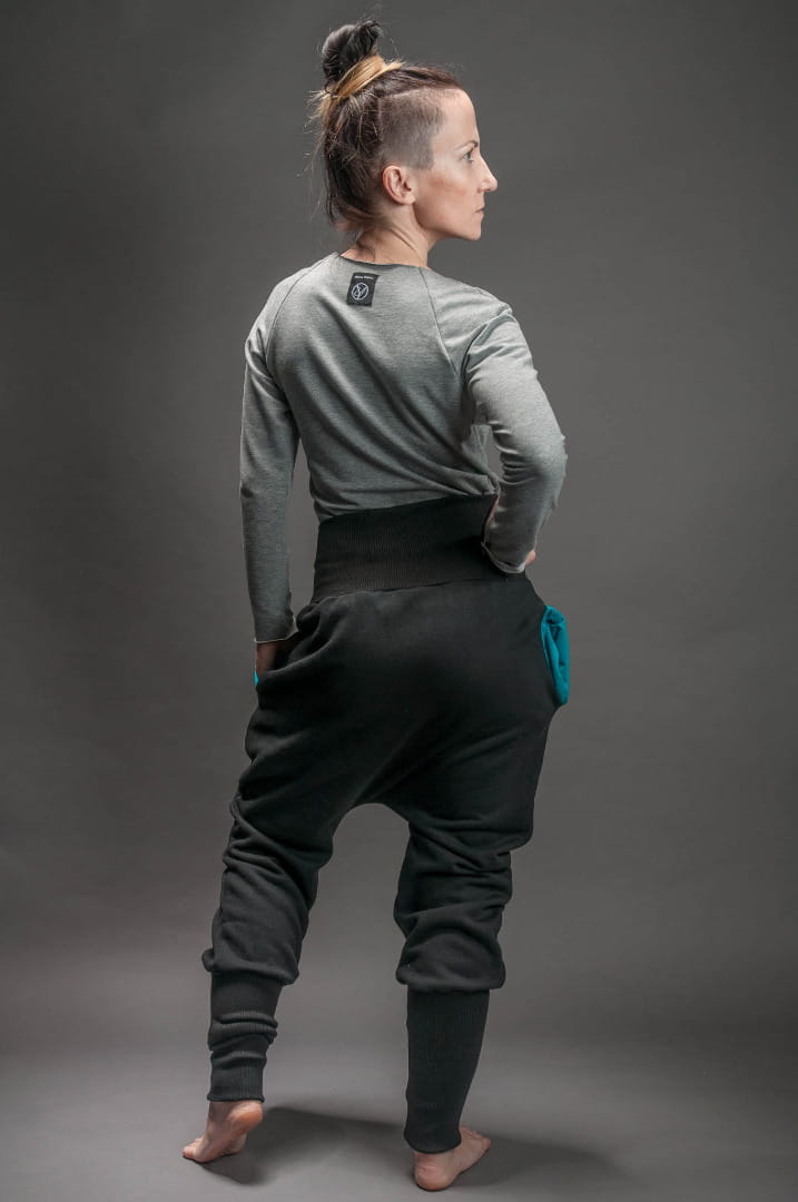 Spodnie wąskie damskie czarne z turkusem