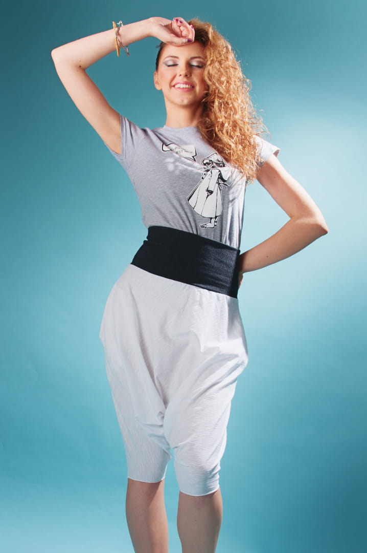 Spodnie Haremki krótkie białe z szarym