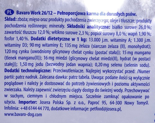 Bavaro Work Adult 26/12 - karma dla psów aktywnych - 18kg