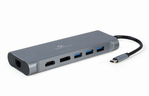 MULTI ADAPTER USB TYP-C 8 W 1 (HUB3.0 + HDMI + DISPLAYPORT + VGA + PD + CZYTNIK KART + LAN + DŹWIĘK STEREO), SZARY