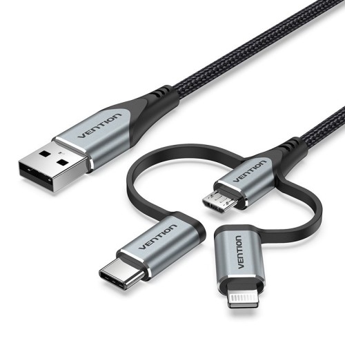 Kabel Vention USB-A 3w1 Micro-B USB-C Lightning 1m szary