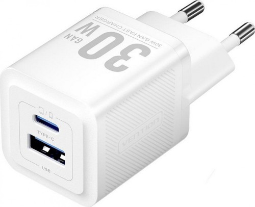 Ładowarka Vention 1x USB-A 1x USB-C GaN 30W biała