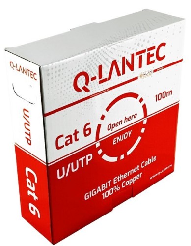Q-LANTEC Kabel U/UTP kat.6, sieciowy, skrętka, PVC, Eca 4PR, 1Gb/s (10Gb/s do 55m), szary, 100m (KIU6PVC100Q)