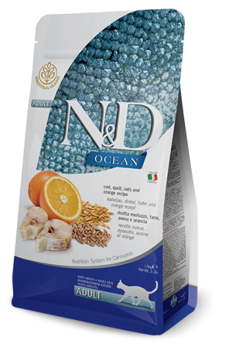 N&D Ocean Cod, Spelt, Oats & Orange Adult - sucha karma dla kota - 1,5kg