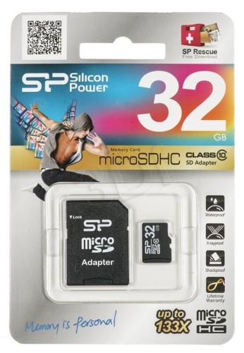 Karta pamięci Silicon Power microSDHC 32GB Class 10 + ADAPTER microSD-SD (SP032GBSTH010V10SP)