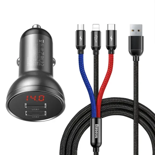 Ładowarka samochodowa Baseus z wyświetlaczem 24W + kabel USB 3w1 Baseus Three Primary Colors 1,2m