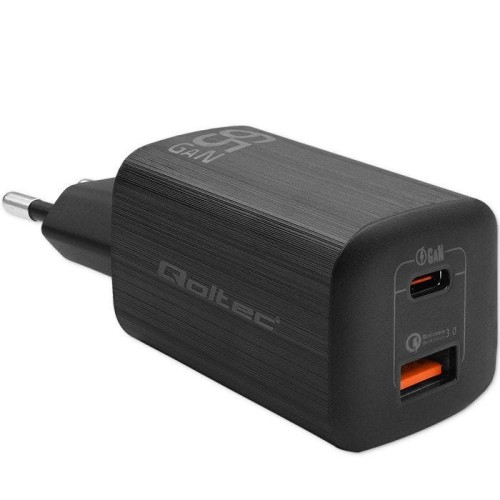ŁADOWARKA SIECIOWA 65W GAN ULTRA | 5-20V | 2.25-3.25A | 1 X USB TYP C PD | 1 X USB QC 3.0 | CZARNA
